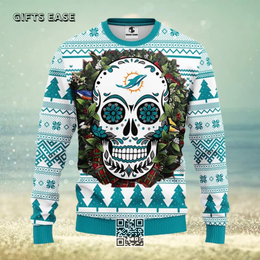 NFL Miami Dolphins Ugly Christmas Sweater Skull Flower NFL Miami Dolphins Ugly Christmas Sweater Skull Flower