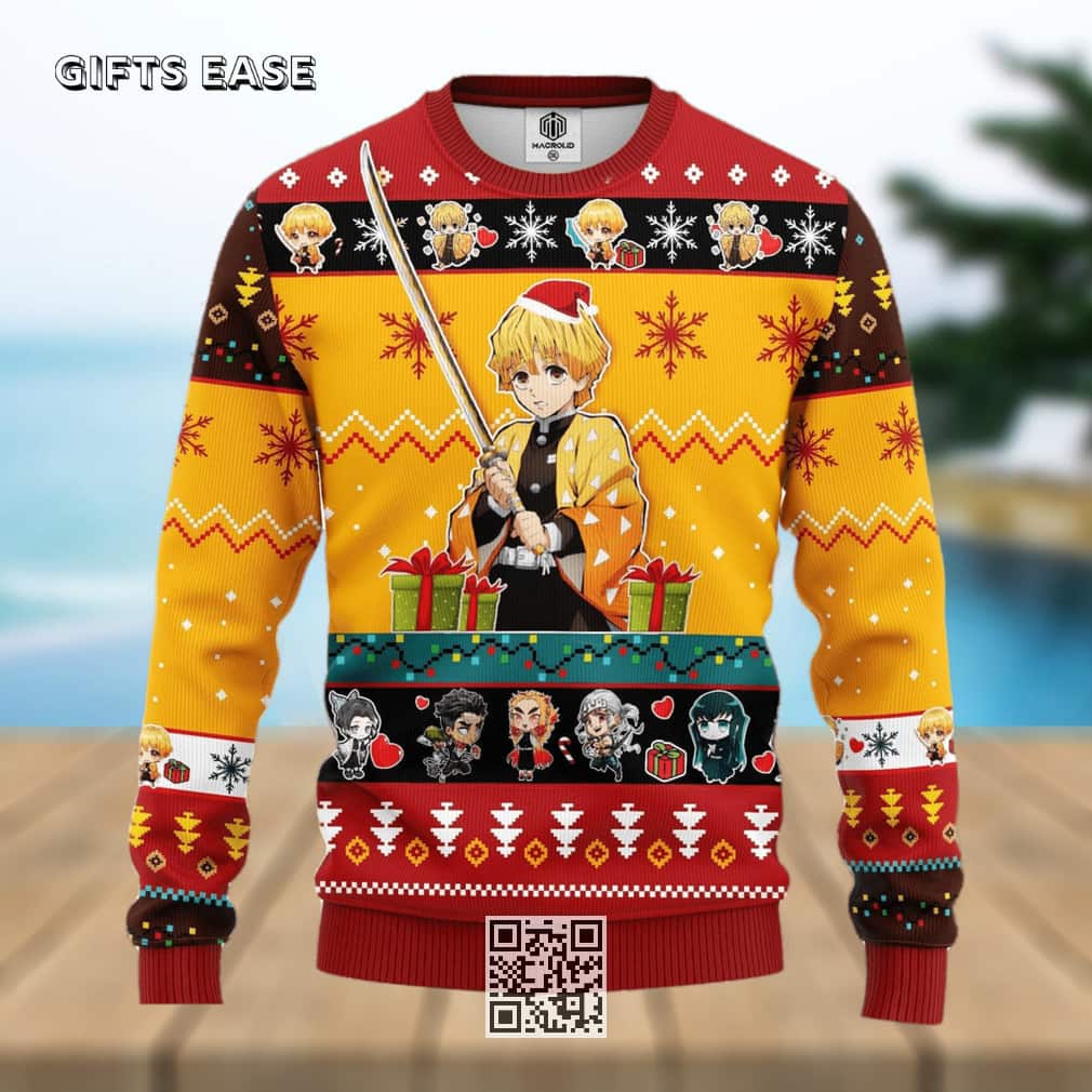 Red Yellow Agatsuma Zenitsu Demon Slayer Ugly Christmas Sweater Red Yellow Agatsuma Zenitsu Demon Slayer Ugly Christmas Sweater