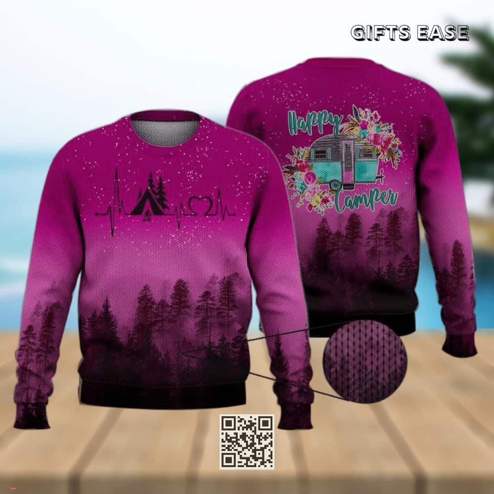 Pink Forest Heartbeat Happy Camper Ugly Christmas Sweater Pink Forest Heartbeat Happy Camper Ugly Christmas Sweater
