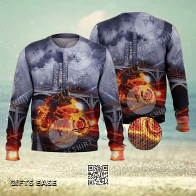 Cool Fire Burning Motorcycle Biker Ugly Christmas Sweater