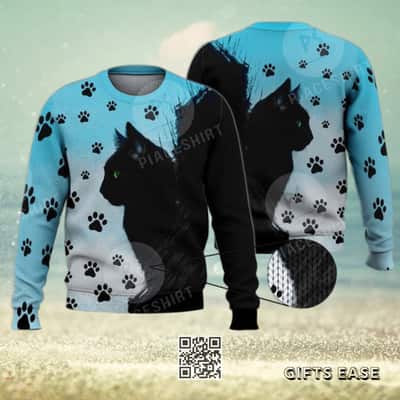 Cute Green Eyed Black Cat Ugly Christmas Sweater