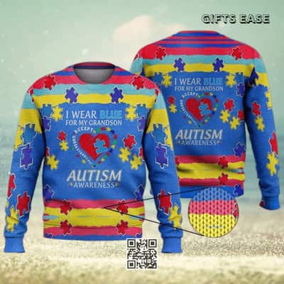 I Wear Blue For My Grandson Autism Ugly Christmas Sweater