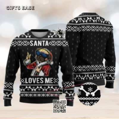 Black Bulldog Ugly Christmas Sweater Santa Loves Me