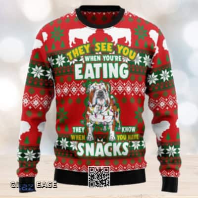 Bulldog Ugly Christmas Sweater They See You When You're Eating They Know When You Have Snacks