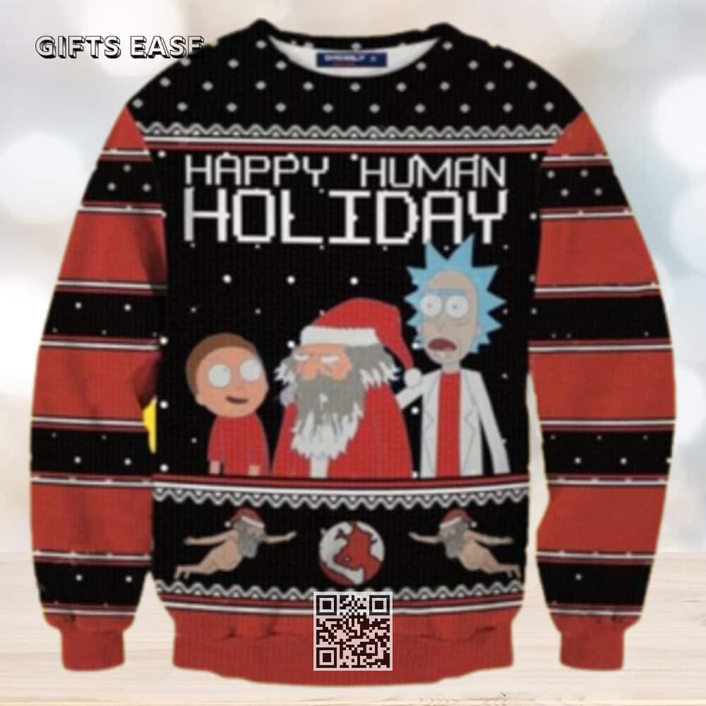Black Red Rick And Morty Ugly Christmas Sweater Happy Human Holiday Black Red Rick And Morty Ugly Christmas Sweater Happy Human Holiday