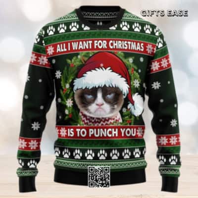 Grumpy Cat Ugly Christmas Sweater All I Want For Christmas Is To Punch You