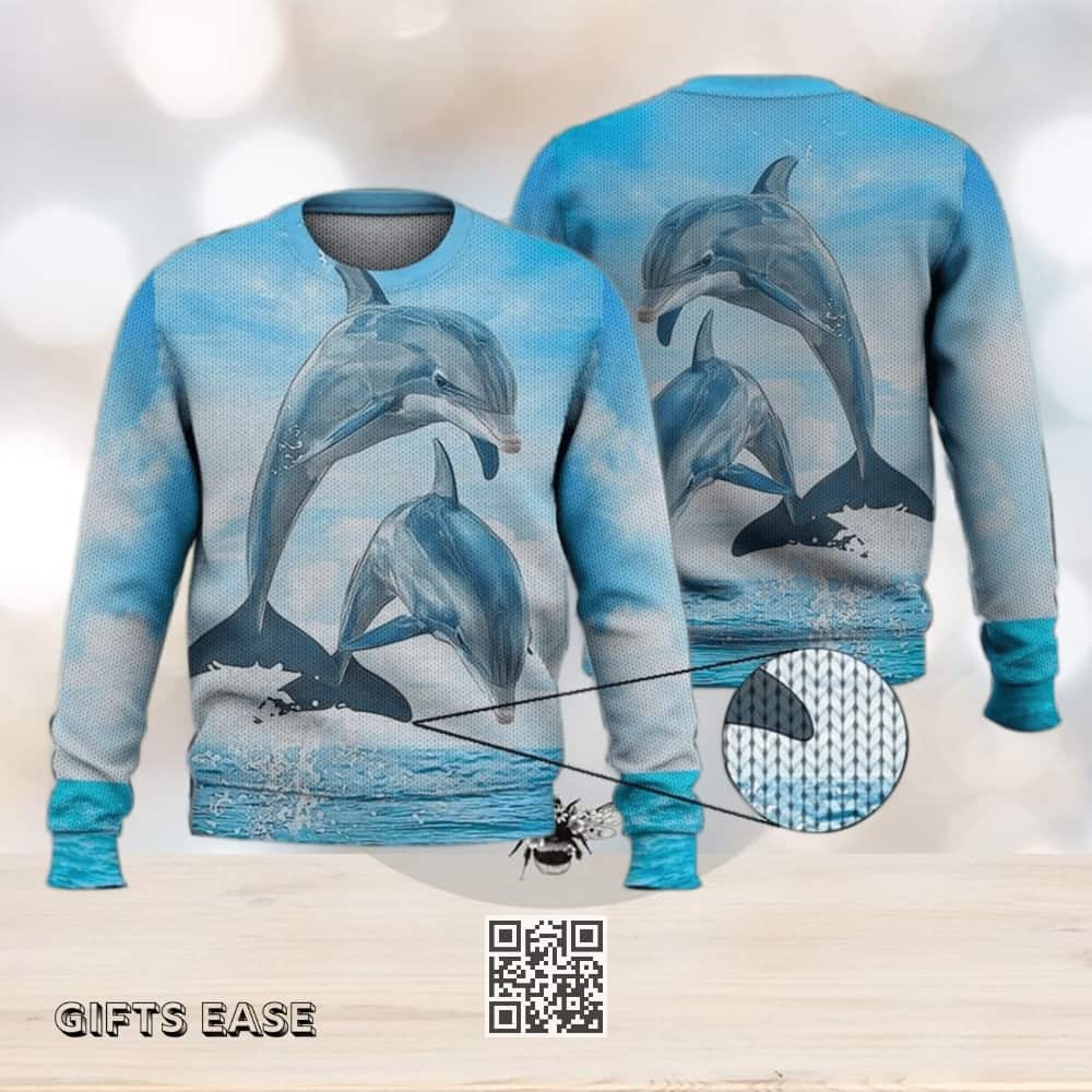 Blue Dolphin Ocean Sky Ugly Christmas Sweater Blue Dolphin Ocean Sky Ugly Christmas Sweater