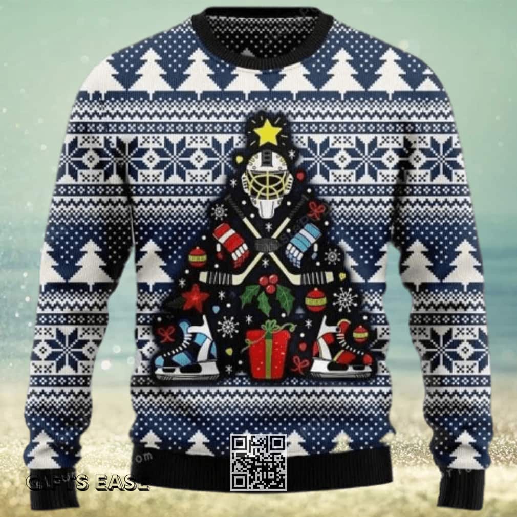 Hockey Ugly Christmas Sweater Snowflake Pine Tree Pattern Hockey Ugly Christmas Sweater Snowflake Pine Tree Pattern