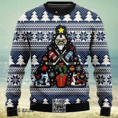Hockey Ugly Christmas Sweater Snowflake Pine Tree Pattern