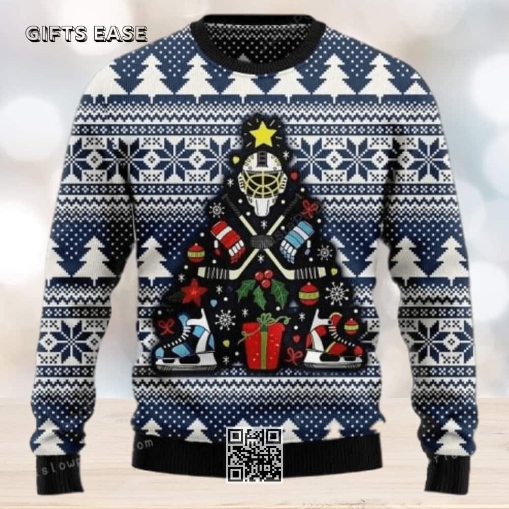 Hockey Ugly Christmas Sweater Snowflake Pine Tree Pattern Hockey Ugly Christmas Sweater Snowflake Pine Tree Pattern