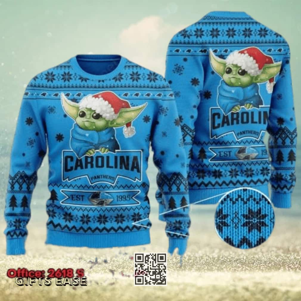 Blue Baby Yoda NFL Carolina Panthers Ugly Christmas Sweater