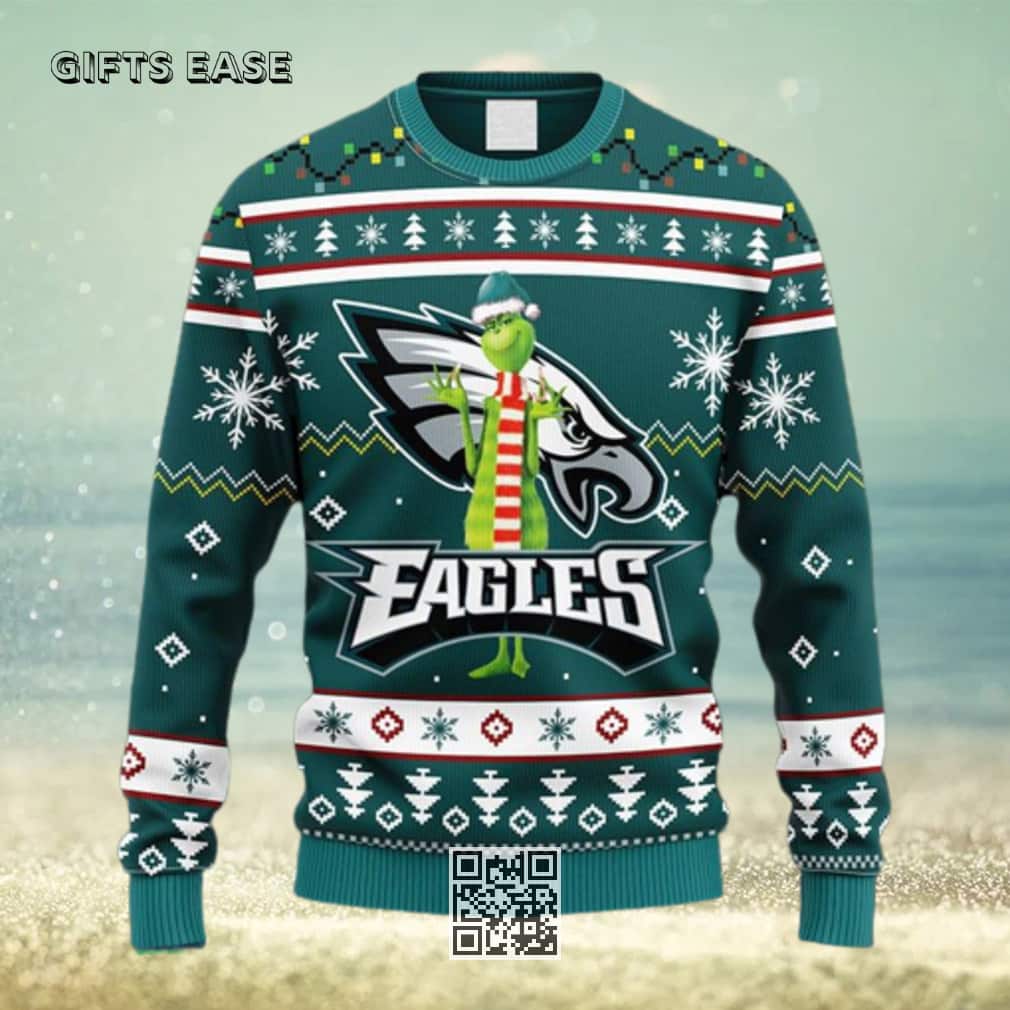 Green NFL Philadelphia Eagles Ugly Christmas Sweater Funny Grinch