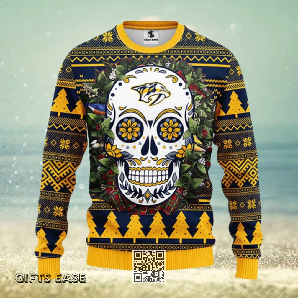 NHL Nashville Predators Ugly Christmas Sweater Skull Flower Pine Tree NHL Nashville Predators Ugly Christmas Sweater Skull Flower Pine Tree
