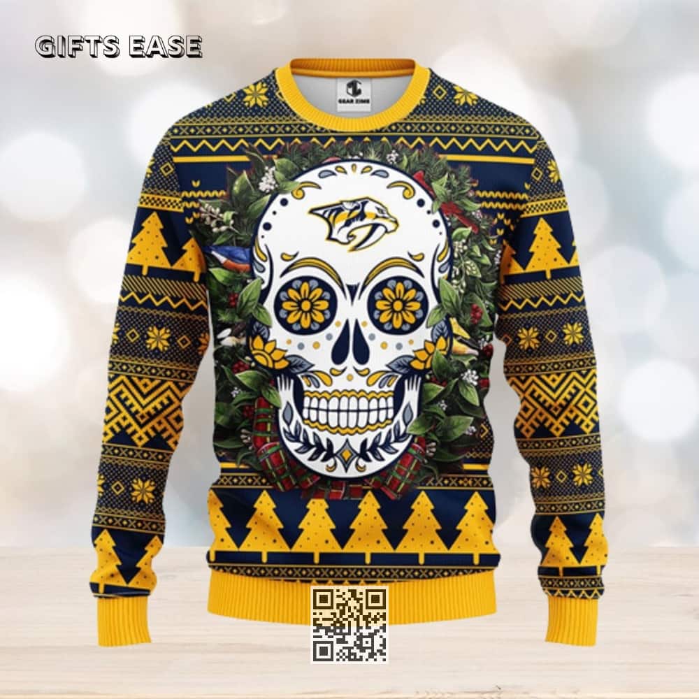 NHL Nashville Predators Ugly Christmas Sweater Skull Flower Pine Tree NHL Nashville Predators Ugly Christmas Sweater Skull Flower Pine Tree