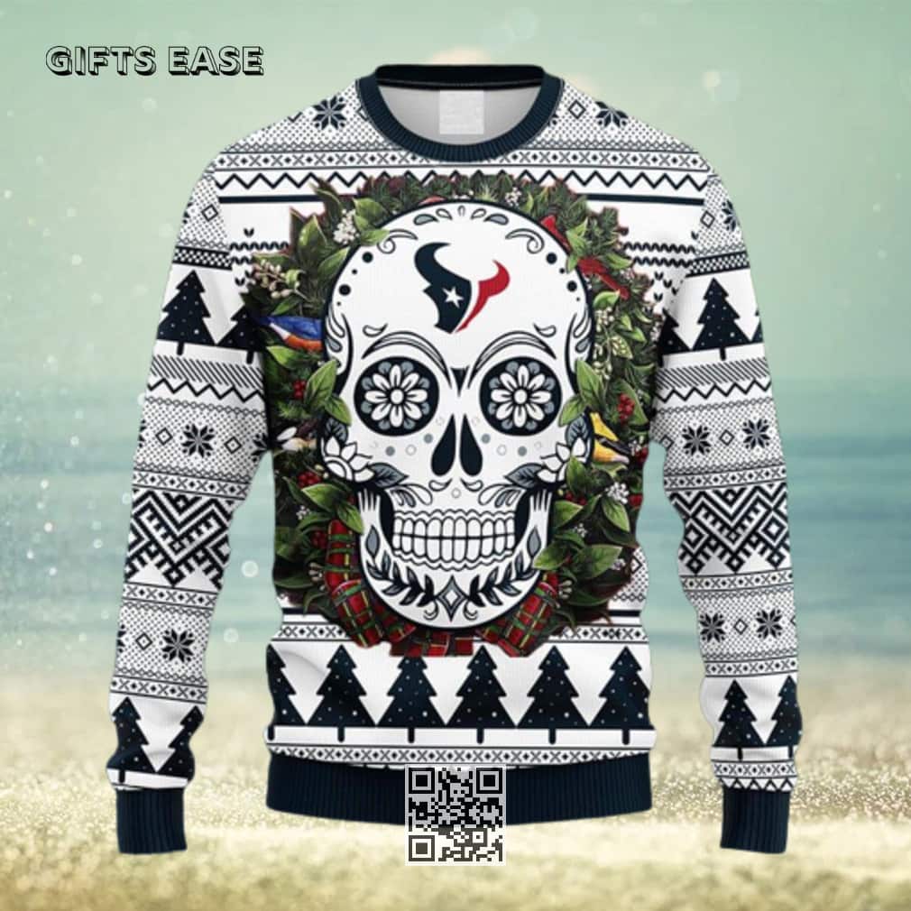 NFL Houston Texans Ugly Christmas Sweater Skull Flower Pine Tree