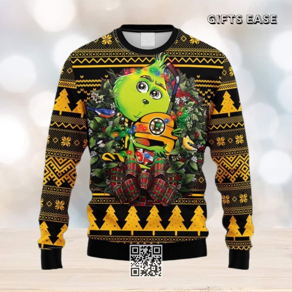 Grinch Hugs NHL Boston Bruins Ugly Christmas Sweater Grinch Hugs NHL Boston Bruins Ugly Christmas Sweater