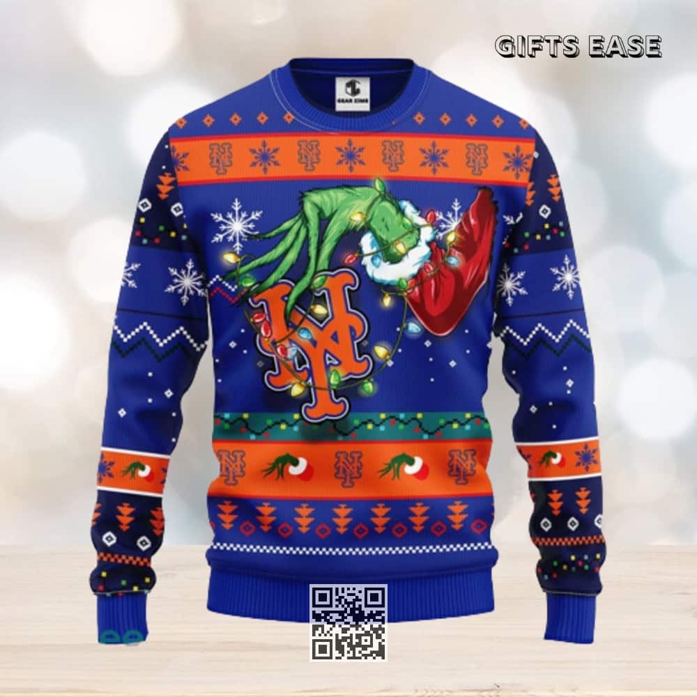 MLB New York Mets Ugly Christmas Sweater Funny Grinch Hand
