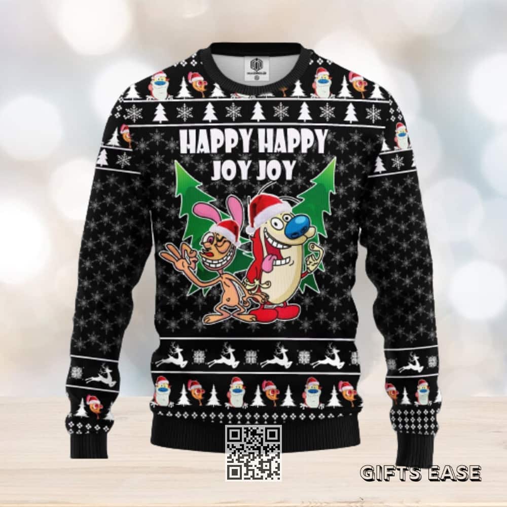 Black The Ren & Stimpy Ugly Christmas Sweater Happy Happy Joy Joy Black The Ren & Stimpy Ugly Christmas Sweater Happy Happy Joy Joy