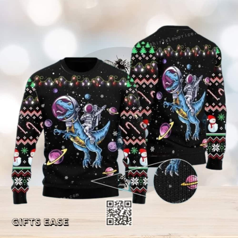 Black Astronauts Ride A T Rex Ugly Christmas Sweater
