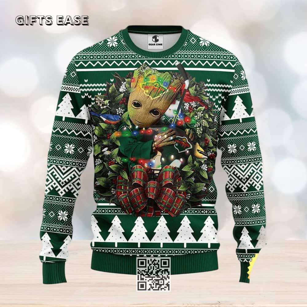 Groot Hugs NFL Minnesota Wild Ugly Christmas Sweater Groot Hugs NFL Minnesota Wild Ugly Christmas Sweater