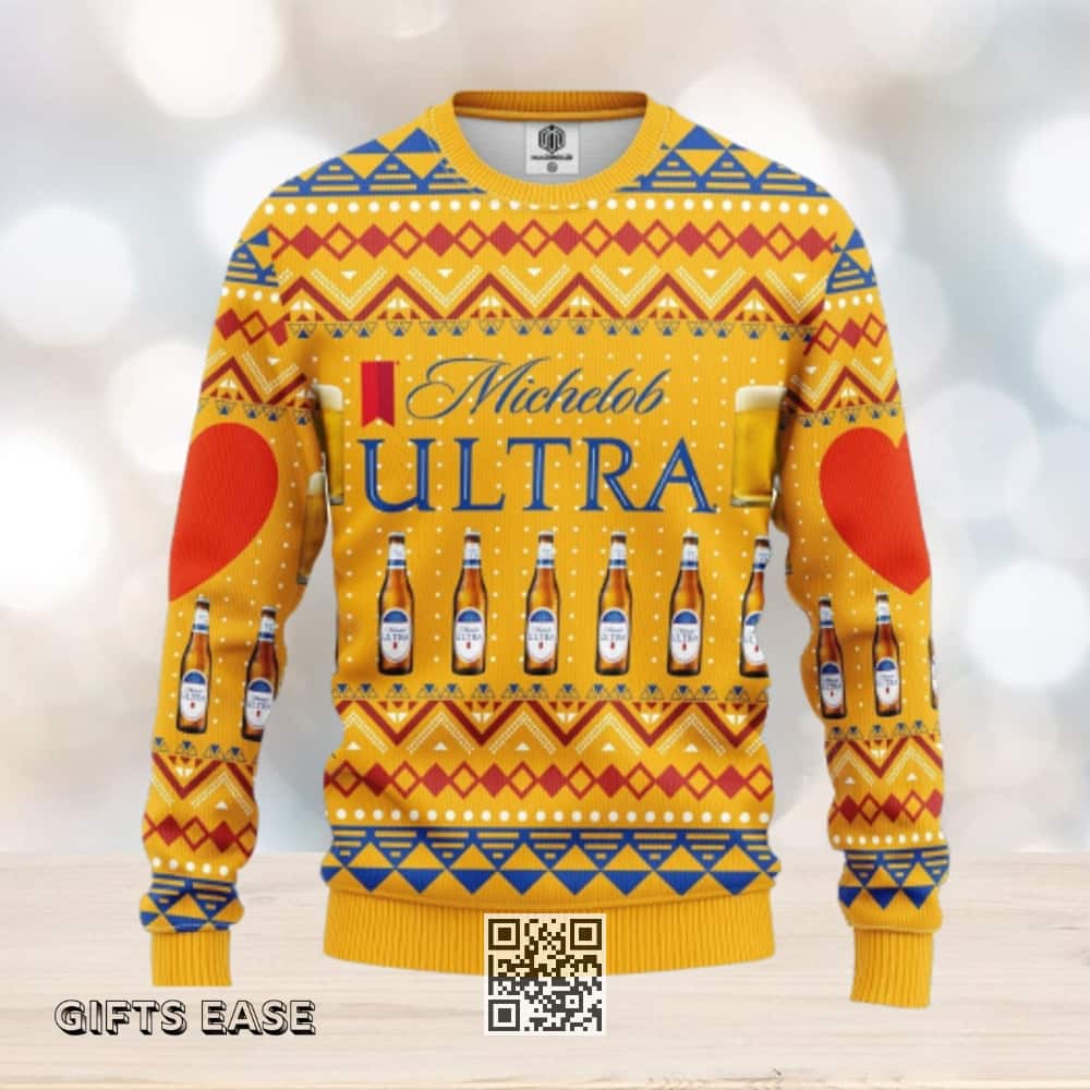 Yellow Michelob Ultra Beer Ugly Christmas Sweater Yellow Michelob Ultra Beer Ugly Christmas Sweater
