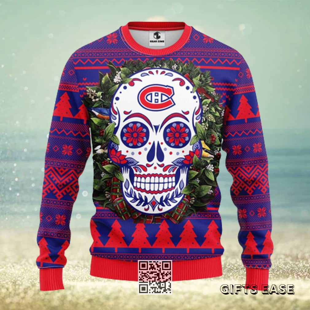 NHL Montreal Canadians Ugly Christmas Sweater Pine Tree Skull Flower