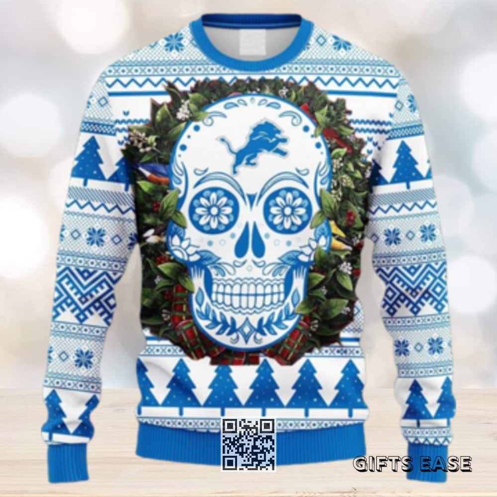 Blue White NFL Detroit Lions Ugly Christmas Sweater Skull Flower