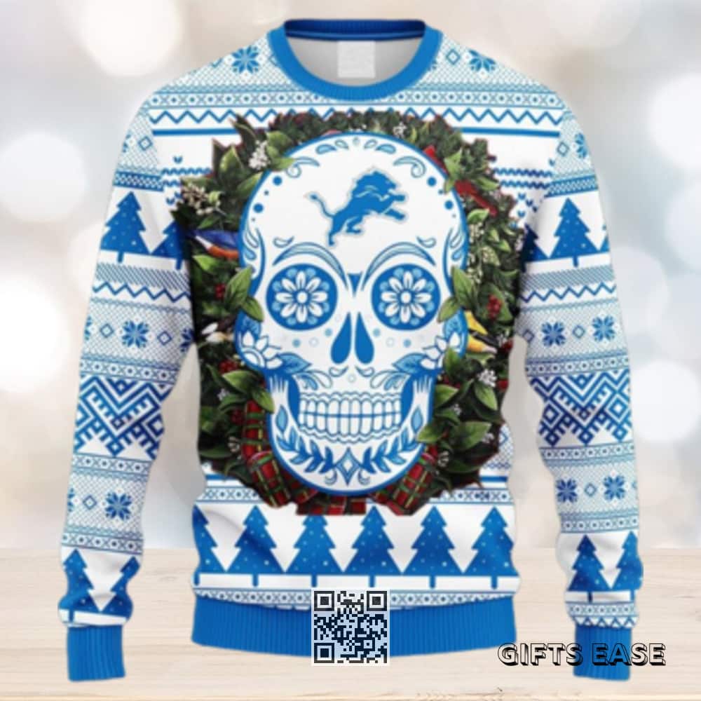 Blue White NFL Detroit Lions Ugly Christmas Sweater Skull Flower Blue White NFL Detroit Lions Ugly Christmas Sweater Skull Flower