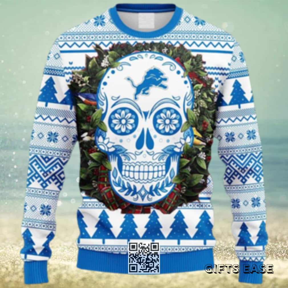 Blue White NFL Detroit Lions Ugly Christmas Sweater Skull Flower Blue White NFL Detroit Lions Ugly Christmas Sweater Skull Flower